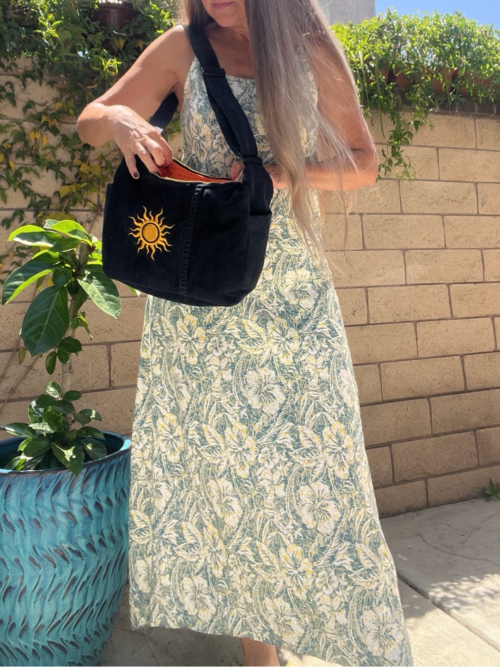 Hand Made Black Denim Purse with Flip Side Sun-Rooster - Hobo Cross Body